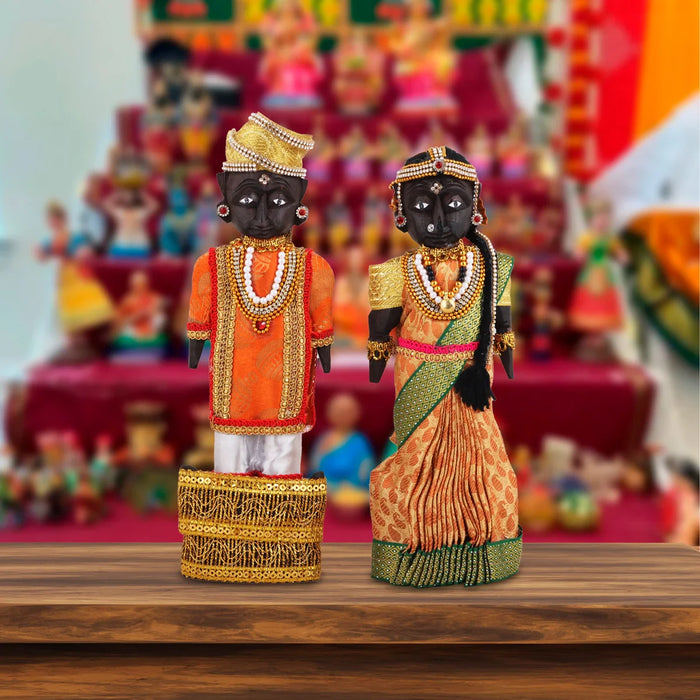 Marapachi Bommai Pair - 10 x 3.5 Inches | Giri Golu Statue/ Decorated Marapachi Doll/Wooden Statue for Marriage