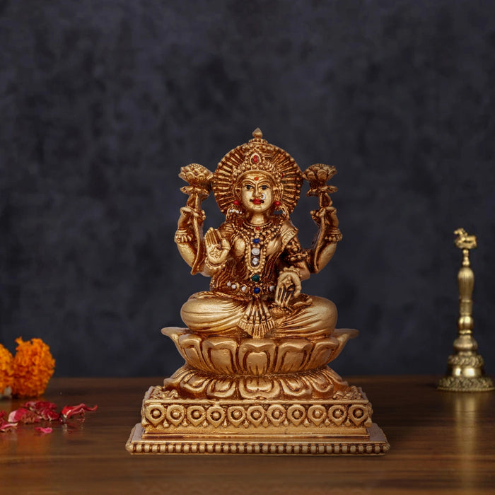 Lakshmi Devi Sitting On Lotus Murti - 4.5 x 3.5 Inches | Resin Idol/ Gold Polish Laxmi Statue For Home