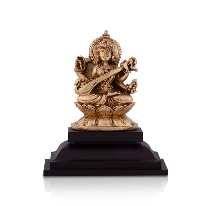 Saraswathi Sitting On Lotus Base Murti - 4 x 3.25 Inches | Resin Idol/ Saraswati Statue for Pooja Space