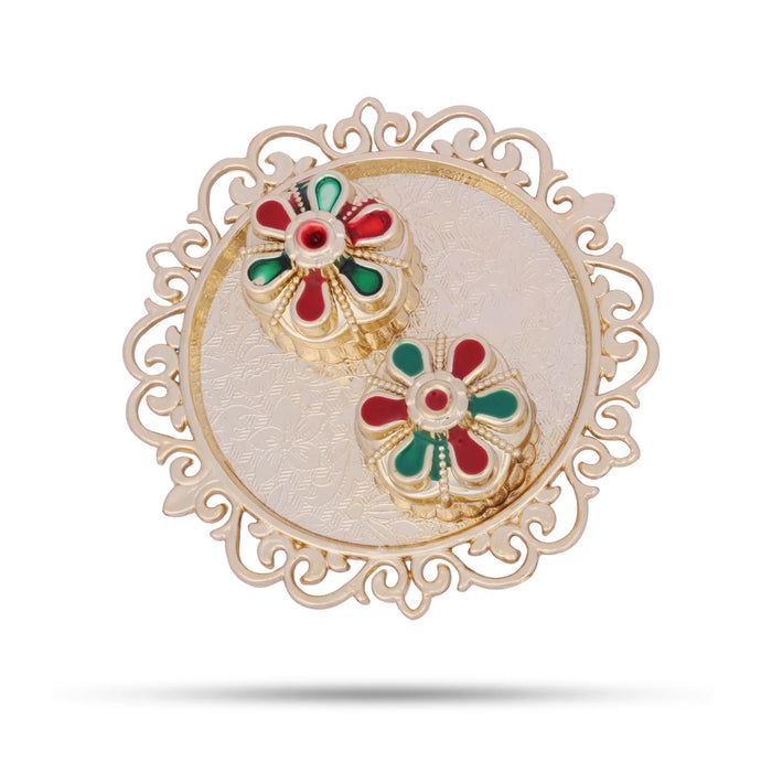 Meenakari Plate with Kumkum Pot - 1.5 x 4 Inches | Kumkum Bharani Plate for Pooja/ Assorted Design