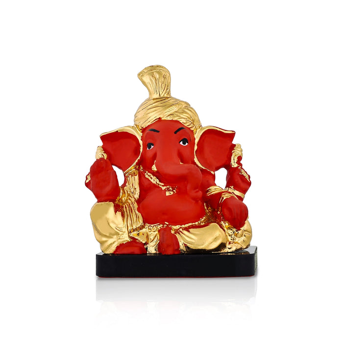 Ganesha Sitting On Base Idol - 3.5 x 2.5 Inches | Resin Ganpati Murti/ Red Vinayagar Statue For Pooja