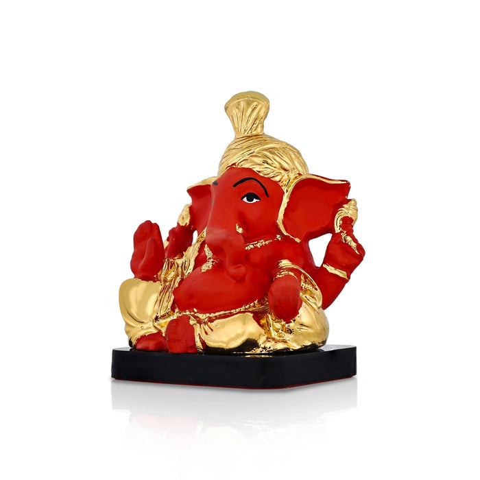 Ganesha Sitting On Base Idol - 3.5 x 2.5 Inches | Resin Ganpati Murti/ Red Vinayagar Statue For Pooja