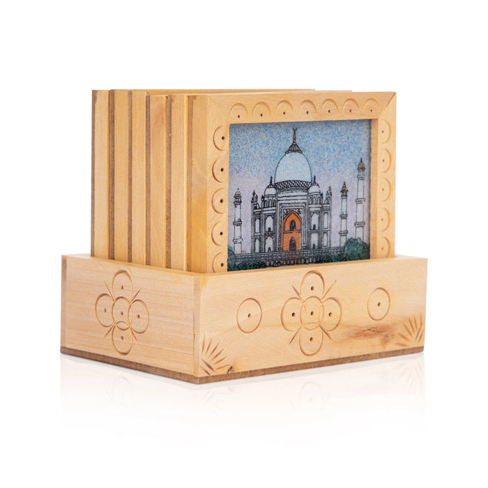 Tea Coaster Set - 3.5 x 3 Inches | 6 Pcs / Wooden Coaster stand/ Tajmahal Design Table Coasters for Home