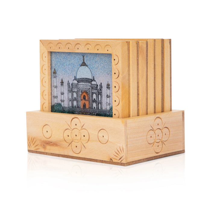 Tea Coaster Set - 3.5 x 3 Inches | 6 Pcs / Wooden Coaster stand/ Tajmahal Design Table Coasters for Home