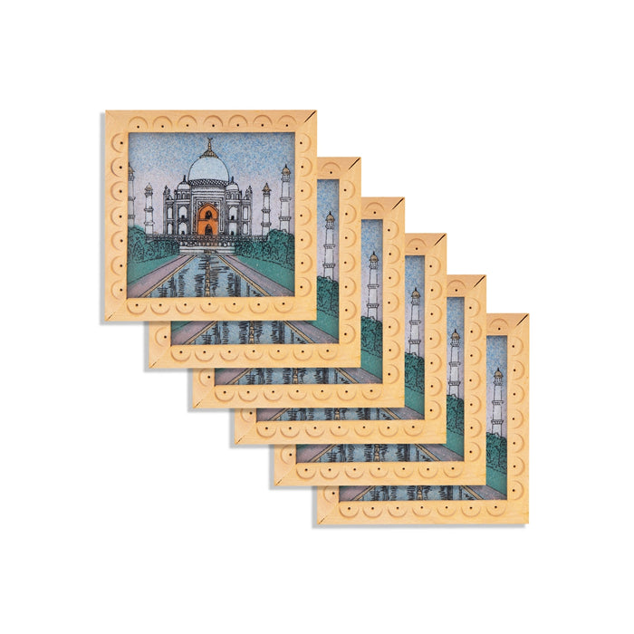 Tea Coaster Set - 3.5 x 3 Inches | 6 Pcs / Wooden Coaster stand/ Tajmahal Design Table Coasters for Home