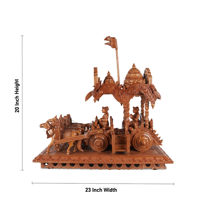 Krishna Arjun Rath Statue - 20 x 23 Inches | Wood Sculpture/ Handmade Arjun Nath Chariot for Home