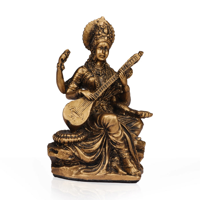 Saraswathi Sitting on Base Murti - 3 x 2 Inches | Resin Brass Finish Idol / Saraswati Statue for Festive Decor