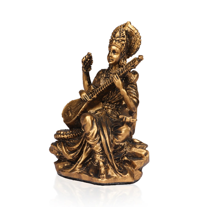 Saraswathi Sitting on Base Murti - 3 x 2 Inches | Resin Brass Finish Idol / Saraswati Statue for Festive Decor