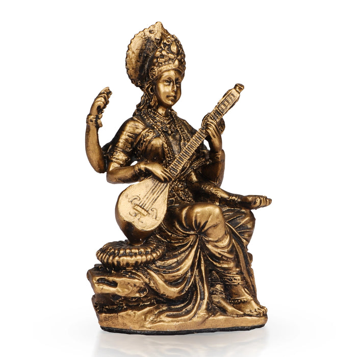 Saraswathi Sitting on Base Murti - 3 x 2 Inches | Resin Brass Finish Idol / Saraswati Statue for Festive Decor