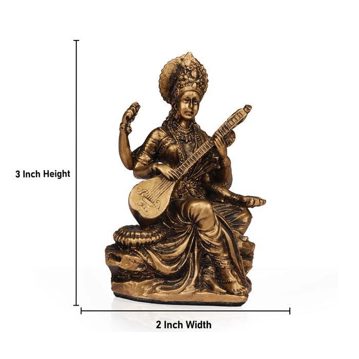 Saraswathi Sitting on Base Murti - 3 x 2 Inches | Resin Brass Finish Idol / Saraswati Statue for Festive Decor