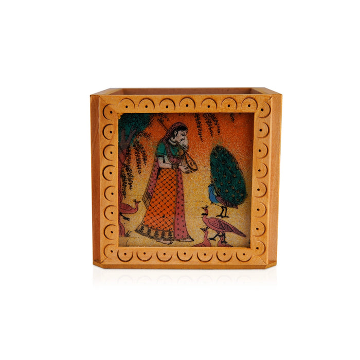 Wooden Pen Stand - 3 x 3 Inches | Gem Stone Pen Holder for Table