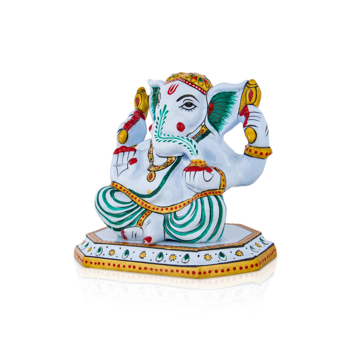 Ganesh Murti Sitting On Base - 5 x 4.5 Inches | Metal Ganpati Murti/ Painted Vinayaka Statue for Pooja