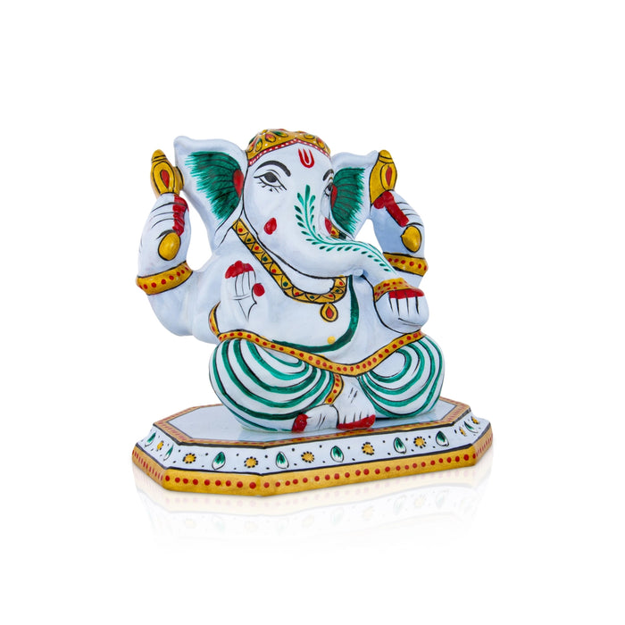 Ganesh Murti Sitting On Base - 5 x 4.5 Inches | Metal Ganpati Murti/ Painted Vinayaka Statue for Pooja