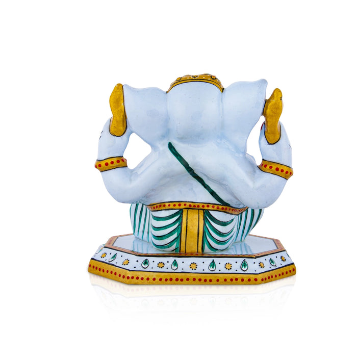 Ganesh Murti Sitting On Base - 5 x 4.5 Inches | Metal Ganpati Murti/ Painted Vinayaka Statue for Pooja