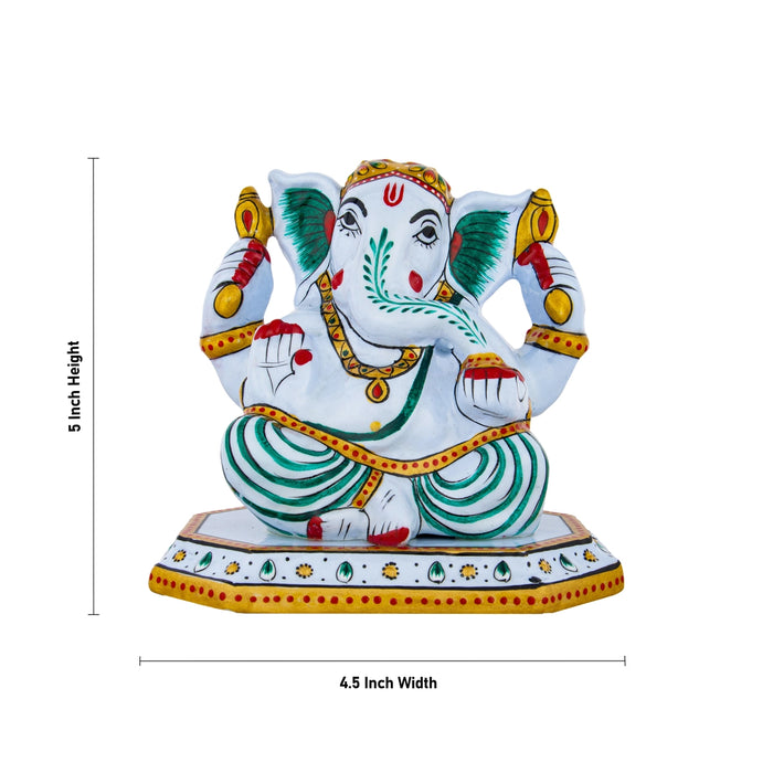 Ganesh Murti Sitting On Base - 5 x 4.5 Inches | Metal Ganpati Murti/ Painted Vinayaka Statue for Pooja