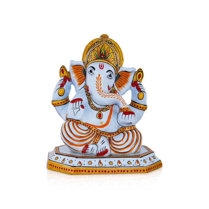Ganesh Murti Sitting On Base - 6 x 5 Inches | Metal Ganpati Murti/ Painted Vinayaka Statue for Pooja
