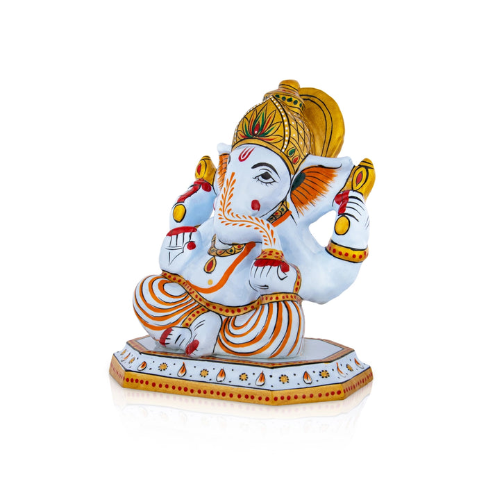 Ganesh Murti Sitting On Base - 6 x 5 Inches | Metal Ganpati Murti/ Painted Vinayaka Statue for Pooja