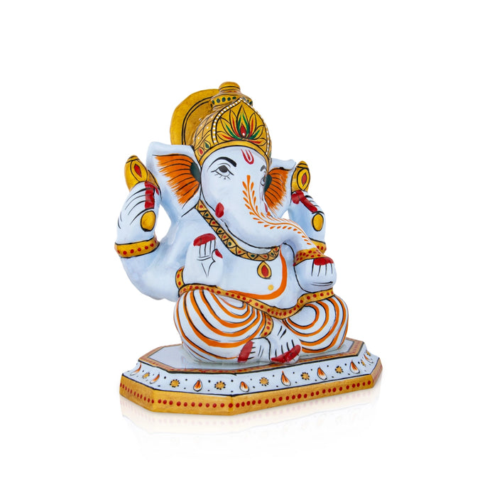 Ganesh Murti Sitting On Base - 6 x 5 Inches | Metal Ganpati Murti/ Painted Vinayaka Statue for Pooja