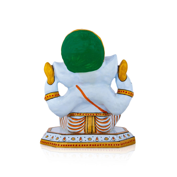 Ganesh Murti Sitting On Base - 6 x 5 Inches | Metal Ganpati Murti/ Painted Vinayaka Statue for Pooja