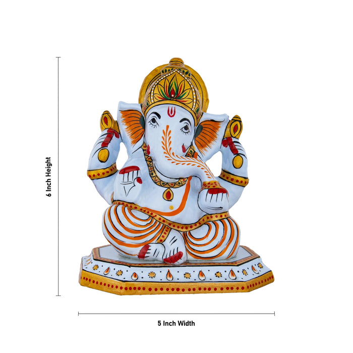 Ganesh Murti Sitting On Base - 6 x 5 Inches | Metal Ganpati Murti/ Painted Vinayaka Statue for Pooja