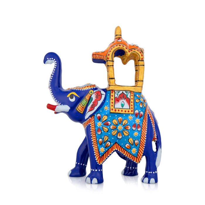 Elephant Statue - 5 x 4.5 Inches | Painted Elephant Sculpture/ Metal Ambari Elephant Idol for Home Decor