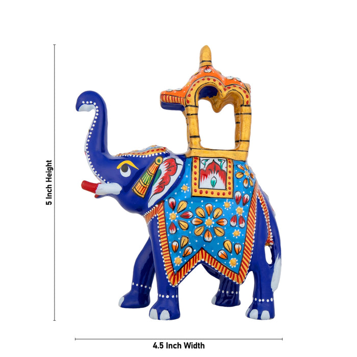 Elephant Statue - 5 x 4.5 Inches | Painted Elephant Sculpture/ Metal Ambari Elephant Idol for Home Decor