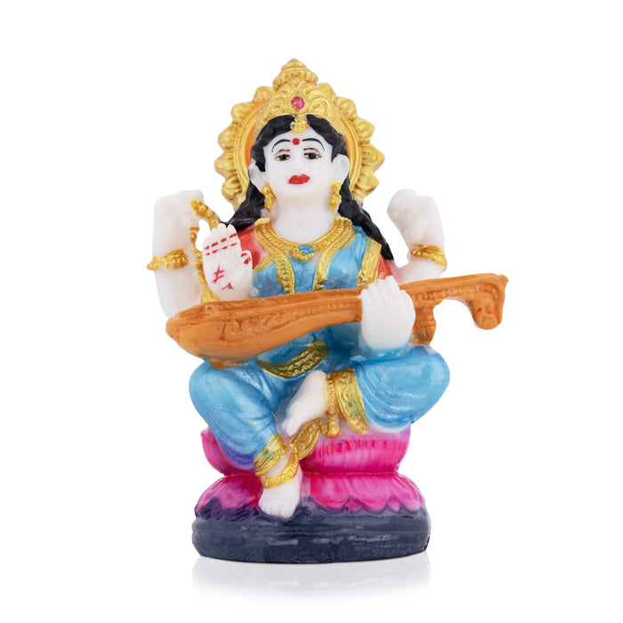Saraswati Sitting on Lotus Murti - 4.25 x 2.5 Inches | Colorful Saraswati Idol / Vidya Devi Murti For Pooja
