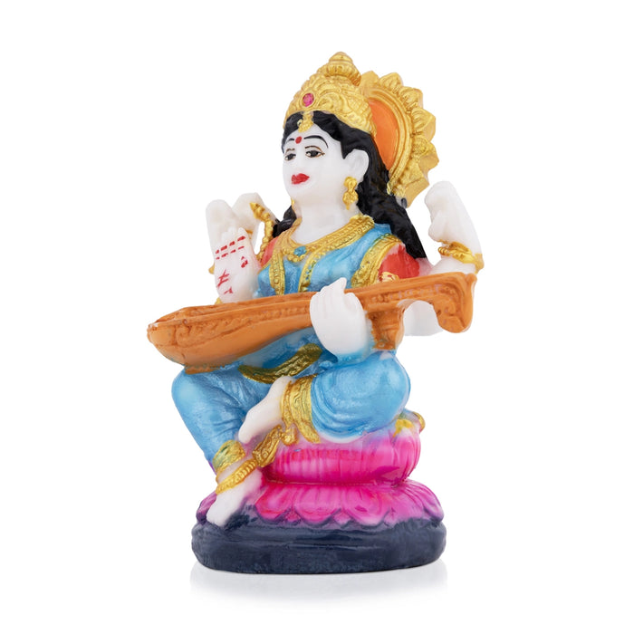 Saraswati Sitting on Lotus Murti - 4.25 x 2.5 Inches | Colorful Saraswati Idol / Vidya Devi Murti For Pooja