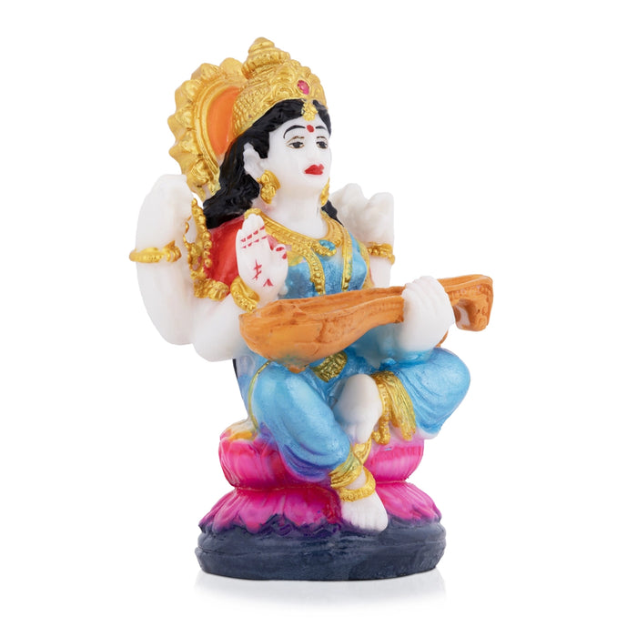 Saraswati Sitting on Lotus Murti - 4.25 x 2.5 Inches | Colorful Saraswati Idol / Vidya Devi Murti For Pooja