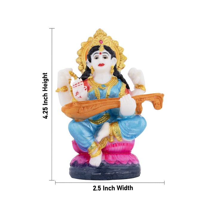 Saraswati Sitting on Lotus Murti - 4.25 x 2.5 Inches | Colorful Saraswati Idol / Vidya Devi Murti For Pooja