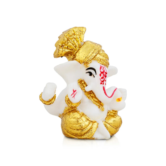 Ganesh Murti Sitting - 2.5 X 2.5 Inches | Mini Ganpati Idol/ White & Gold Ganesha Statue For Home Decor