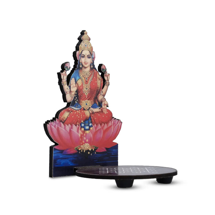 Lakshmi Murti With Kolam Stand - 5 X 4 Inches | Deity With Rangoli Design Wooden Bajot For Pooja Room Decor