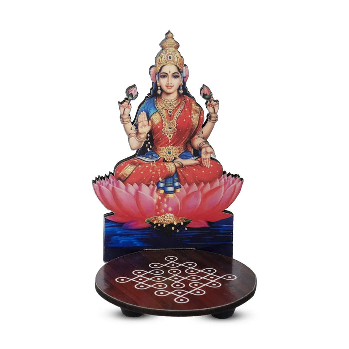 Lakshmi Murti With Kolam Stand - 5 X 4 Inches | Deity With Rangoli Design Wooden Bajot For Pooja Room Decor