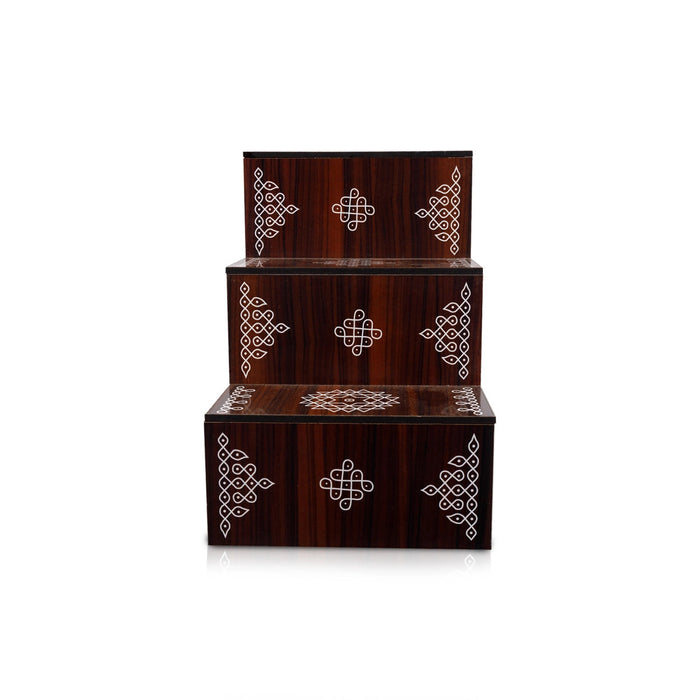 Kolam Design Golu Stand - 8 x 7.5 x 5.5 Inches | Wooden Golu Padi/ Golu Step/ 3 Steps for Diya Stand Navratri