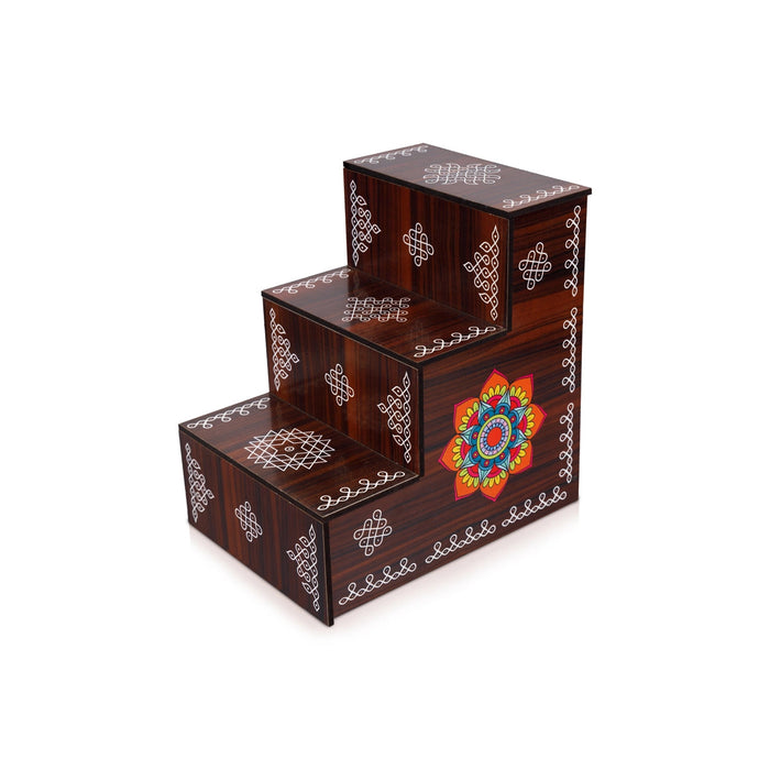 Kolam Design Golu Stand - 8 x 7.5 x 5.5 Inches | Wooden Golu Padi/ Golu Step/ 3 Steps for Diya Stand Navratri