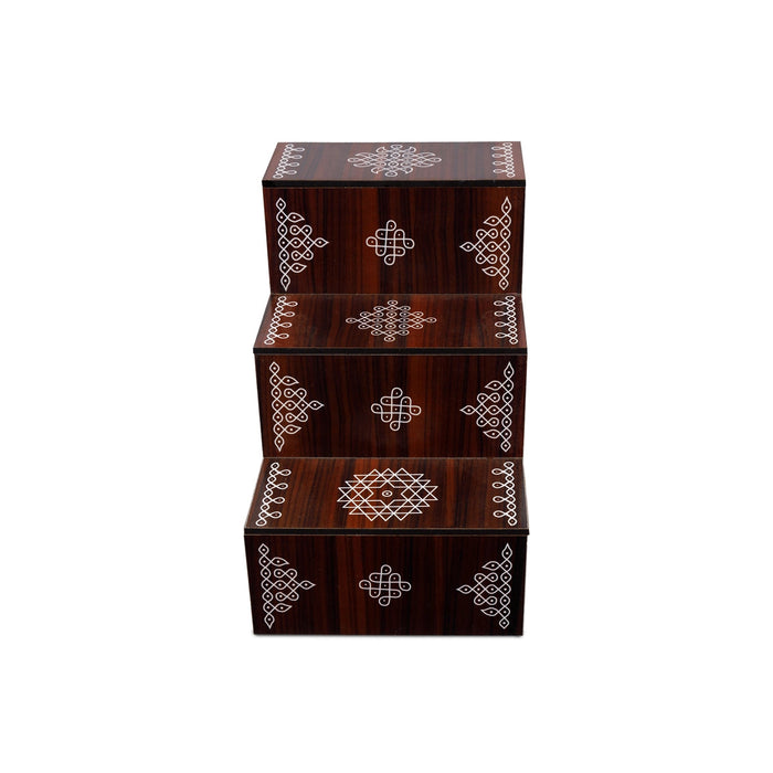 Kolam Design Golu Stand - 8 x 7.5 x 5.5 Inches | Wooden Golu Padi/ Golu Step/ 3 Steps for Diya Stand Navratri