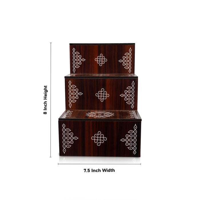 Kolam Design Golu Stand - 8 x 7.5 x 5.5 Inches | Wooden Golu Padi/ Golu Step/ 3 Steps for Diya Stand Navratri