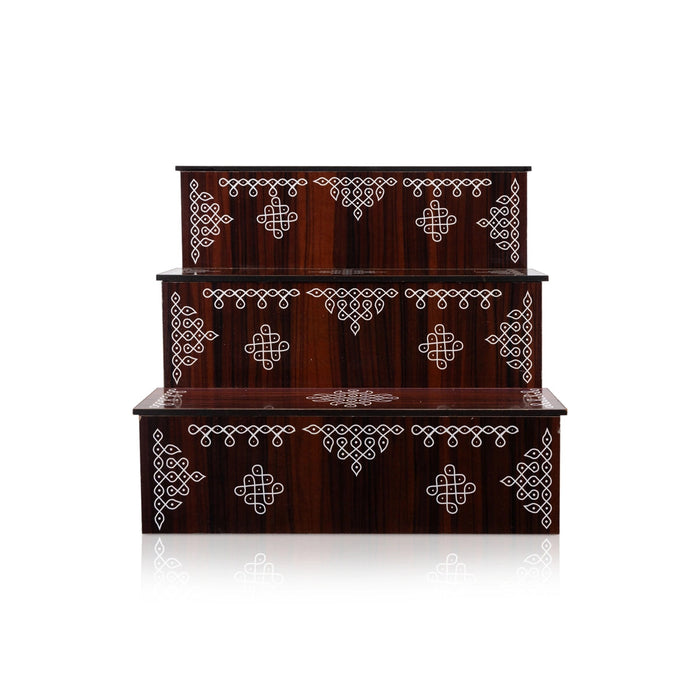 Kolam Design Golu Stand - 8 x 7.5 x 9 Inches | Wooden Golu Padi/ Golu Step/ 3 Steps Diya Stand for Navratri