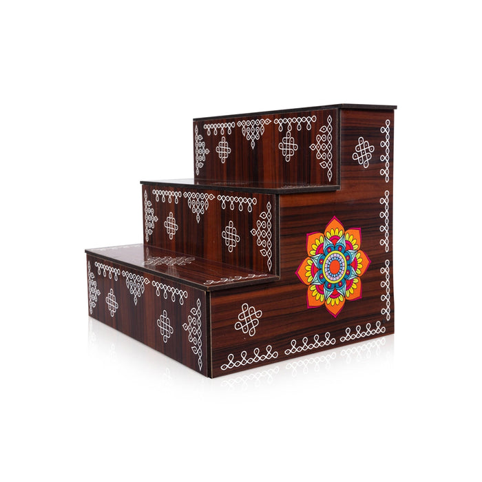 Kolam Design Golu Stand - 8 x 7.5 x 9 Inches | Wooden Golu Padi/ Golu Step/ 3 Steps Diya Stand for Navratri