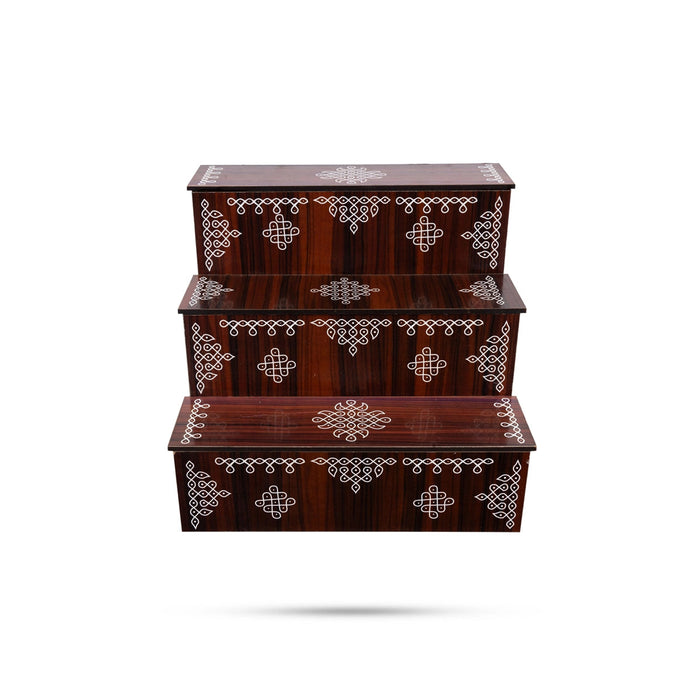 Kolam Design Golu Stand - 8 x 7.5 x 9 Inches | Wooden Golu Padi/ Golu Step/ 3 Steps Diya Stand for Navratri