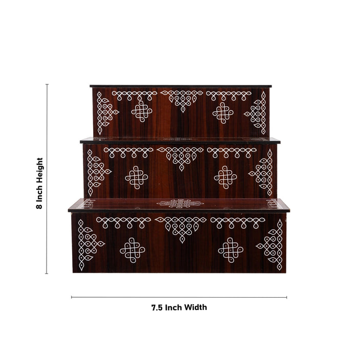 Kolam Design Golu Stand - 8 x 7.5 x 9 Inches | Wooden Golu Padi/ Golu Step/ 3 Steps Diya Stand for Navratri