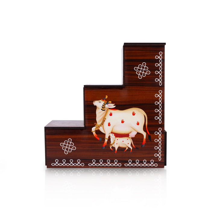 Diya Stand - 8 x 7.5 x 2.5 Inches | 3 Steps Lamp Stand / Kolam & Cow Calf Design Wooden Stand for Deepam & Home