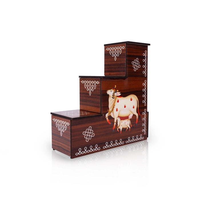 Diya Stand - 8 x 7.5 x 2.5 Inches | 3 Steps Lamp Stand / Kolam & Cow Calf Design Wooden Stand for Deepam & Home