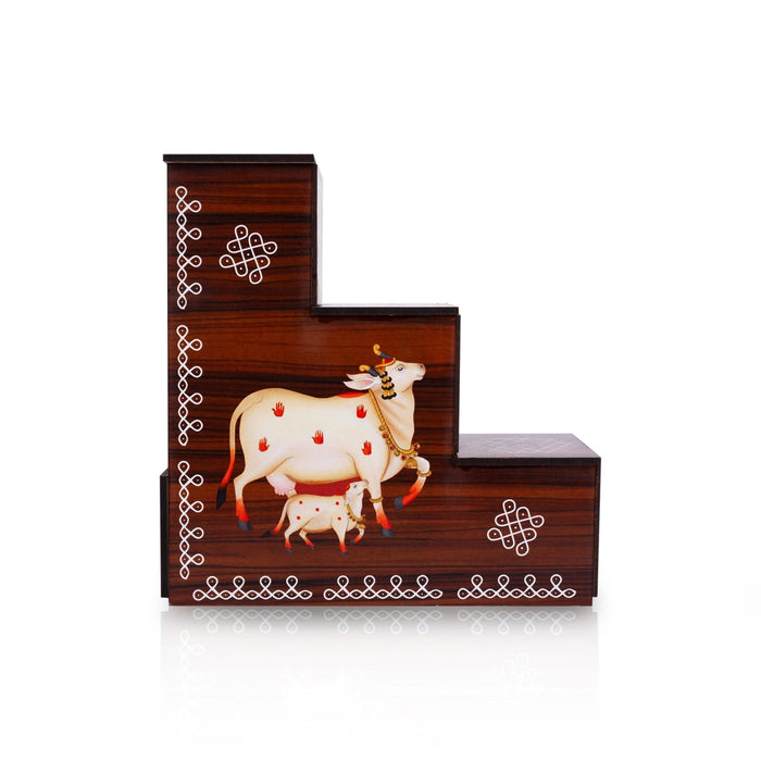 Diya Stand - 8 x 7.5 x 2.5 Inches | 3 Steps Lamp Stand / Kolam & Cow Calf Design Wooden Stand for Deepam & Home