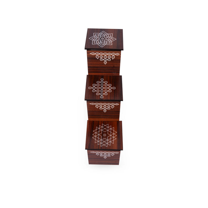 Diya Stand - 8 x 7.5 x 2.5 Inches | 3 Steps Lamp Stand / Kolam & Cow Calf Design Wooden Stand for Deepam & Home