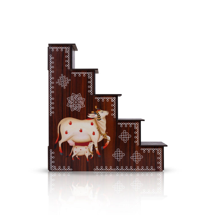 Diya Stand - 13 x 12 x 2.5 Inches | 5 Steps Lamp Stand / Kolam & Cow Calf Design Wooden Stand for Deepam & Home
