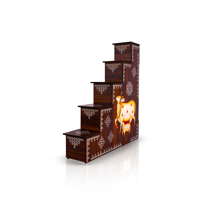 Diya Stand - 13 x 12 x 2.5 Inches | 5 Steps Lamp Stand / Kolam & Cow Calf Design Wooden Stand for Deepam & Home