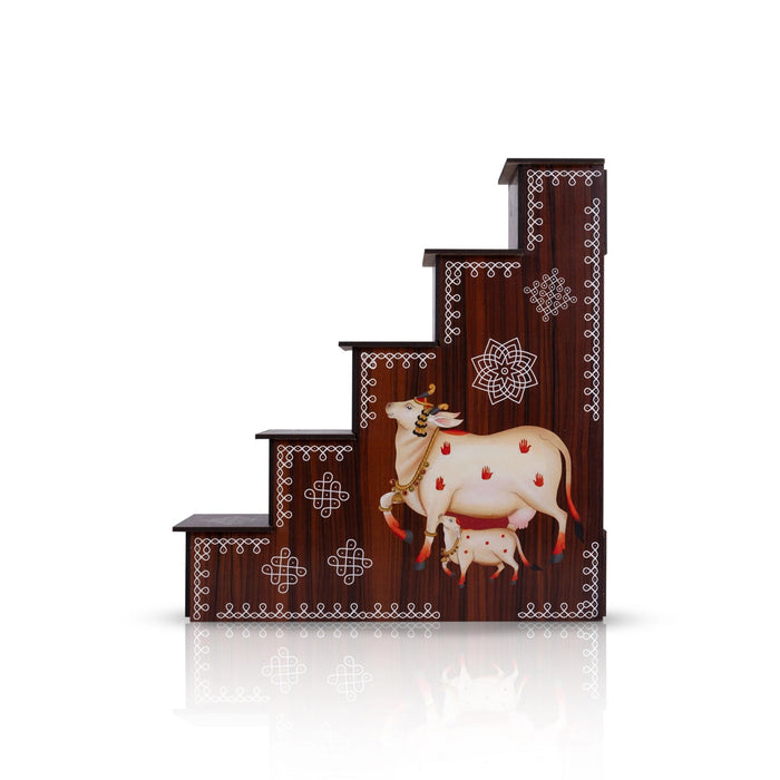 Diya Stand - 13 x 12 x 2.5 Inches | 5 Steps Lamp Stand / Kolam & Cow Calf Design Wooden Stand for Deepam & Home