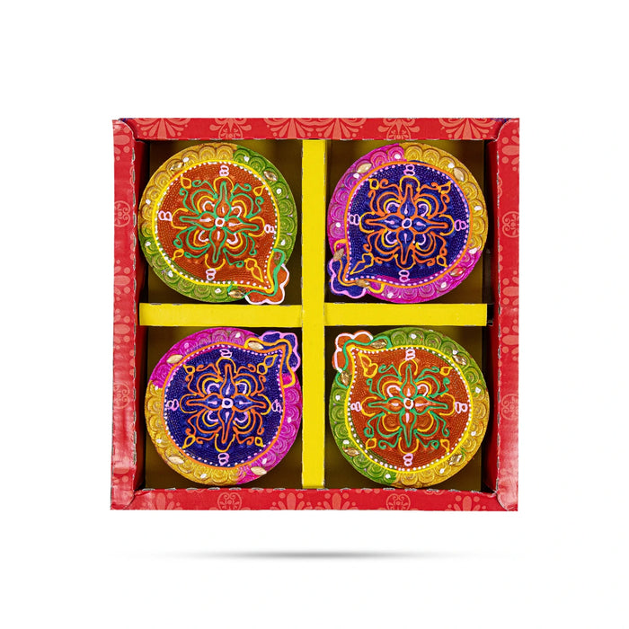 Fancy Agal Diya - 1 x 3.25 Inches | 4 Pcs/ Painted Clay Diyas/ Decorative Earthen Oil Lamps for Pooja Decor