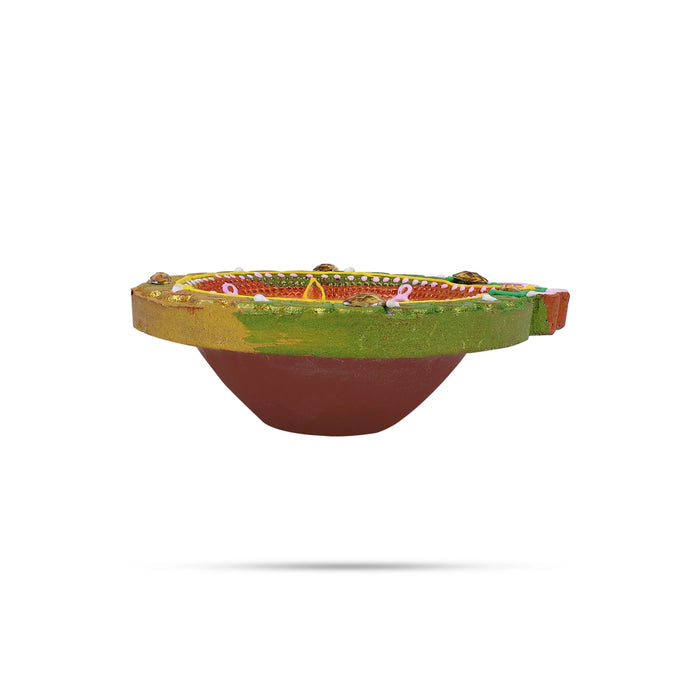 Fancy Agal Diya - 1 x 3.25 Inches | 4 Pcs/ Painted Clay Diyas/ Decorative Earthen Oil Lamps for Pooja Decor